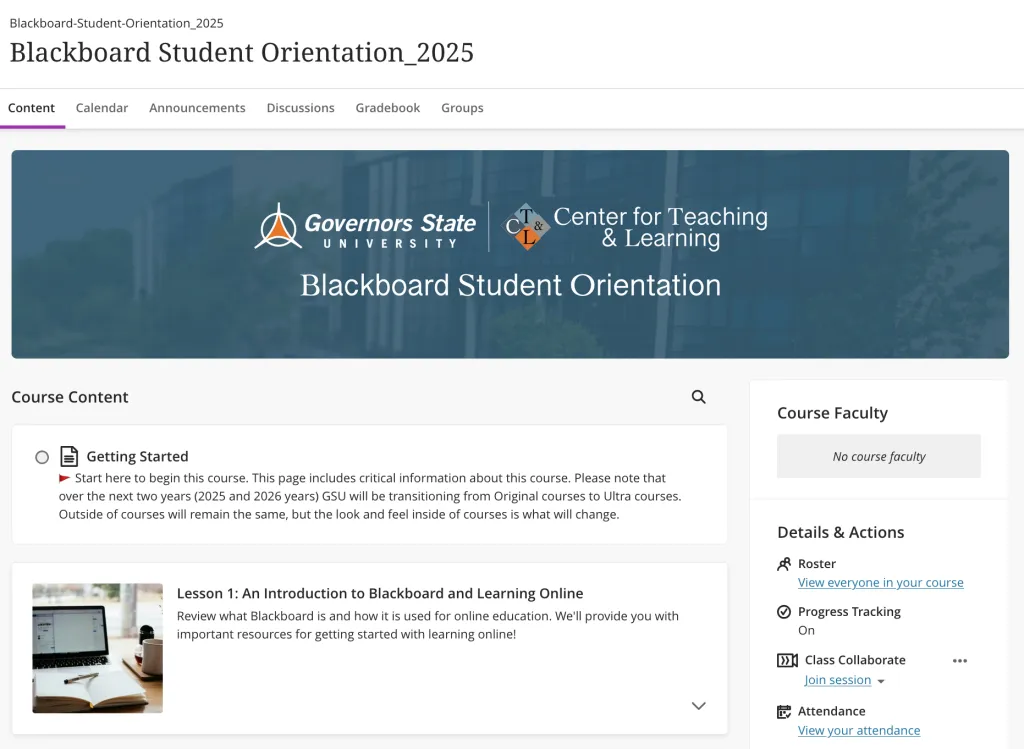 Blackboard Student Orientation course content page using the Ultra experience