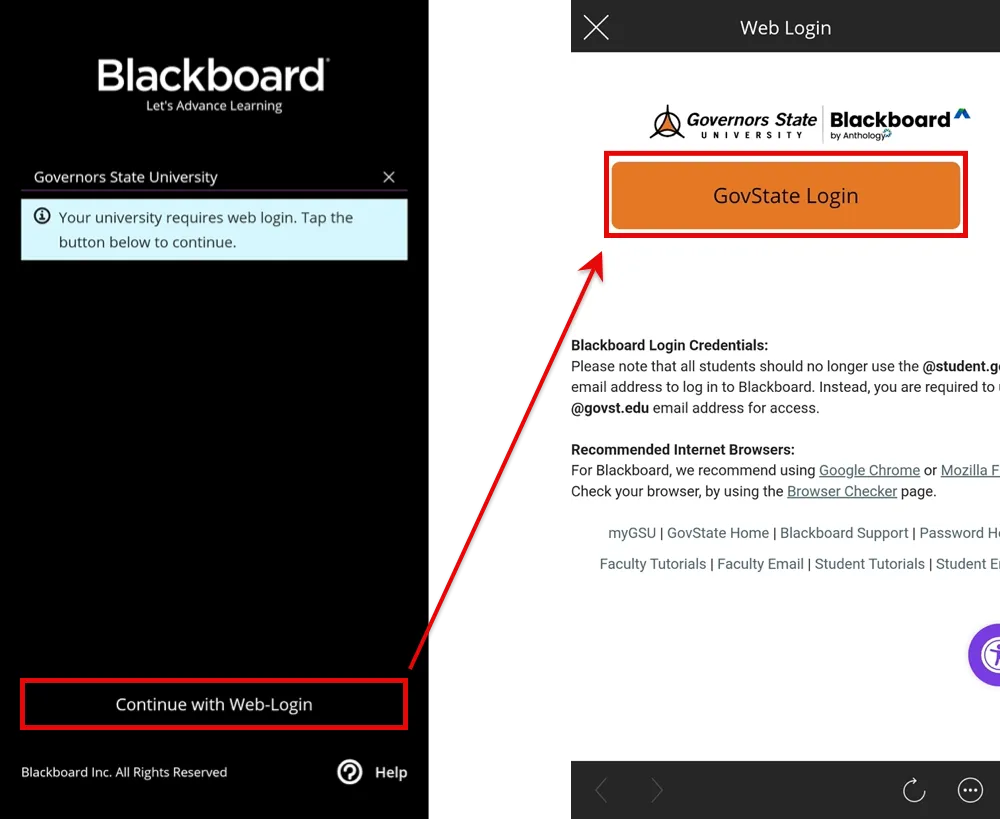 Blackboard App Continue with Web-Login option which opens the Blackboard Web login page