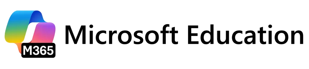 Multi-colored ribbon in the shape of square with M365 overlay and black Microsoft Education text