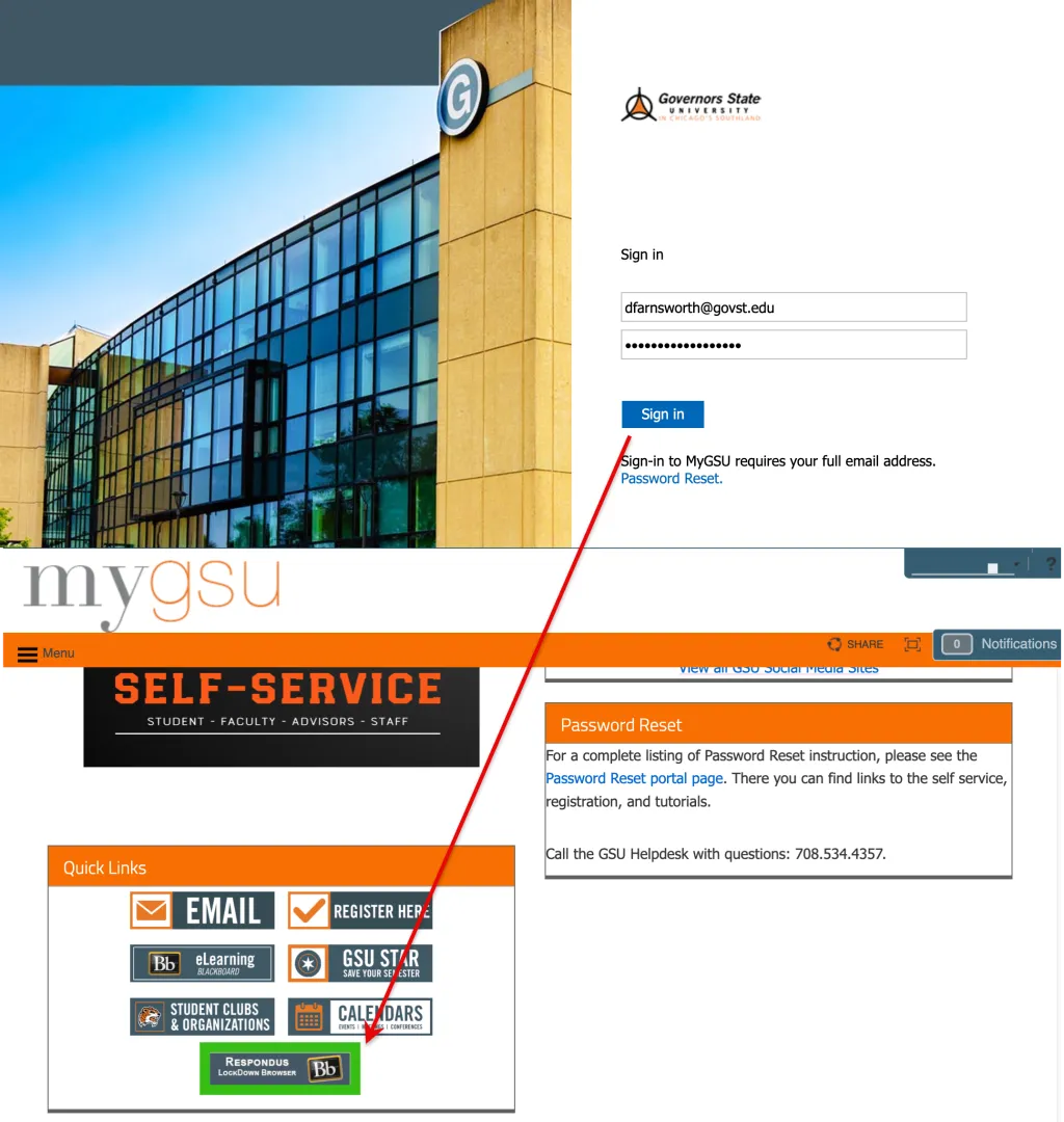 myGSU login and Student homepage, which highlights the Respondus LockDown Browser button