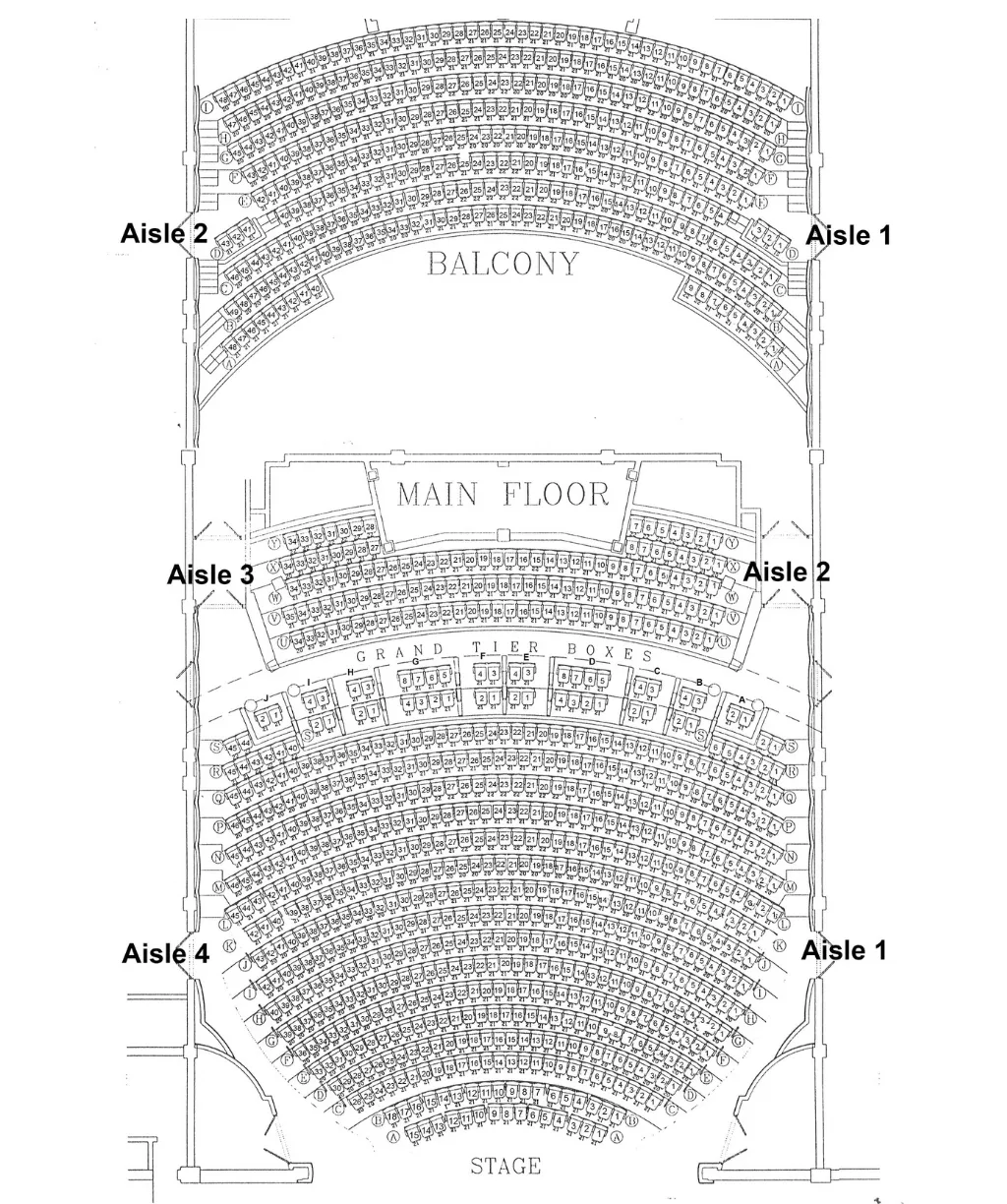 Detailed seating chart of the mainstage theater showing the balcony, main floor, grand tier boxes, stage, and labeled aisles
