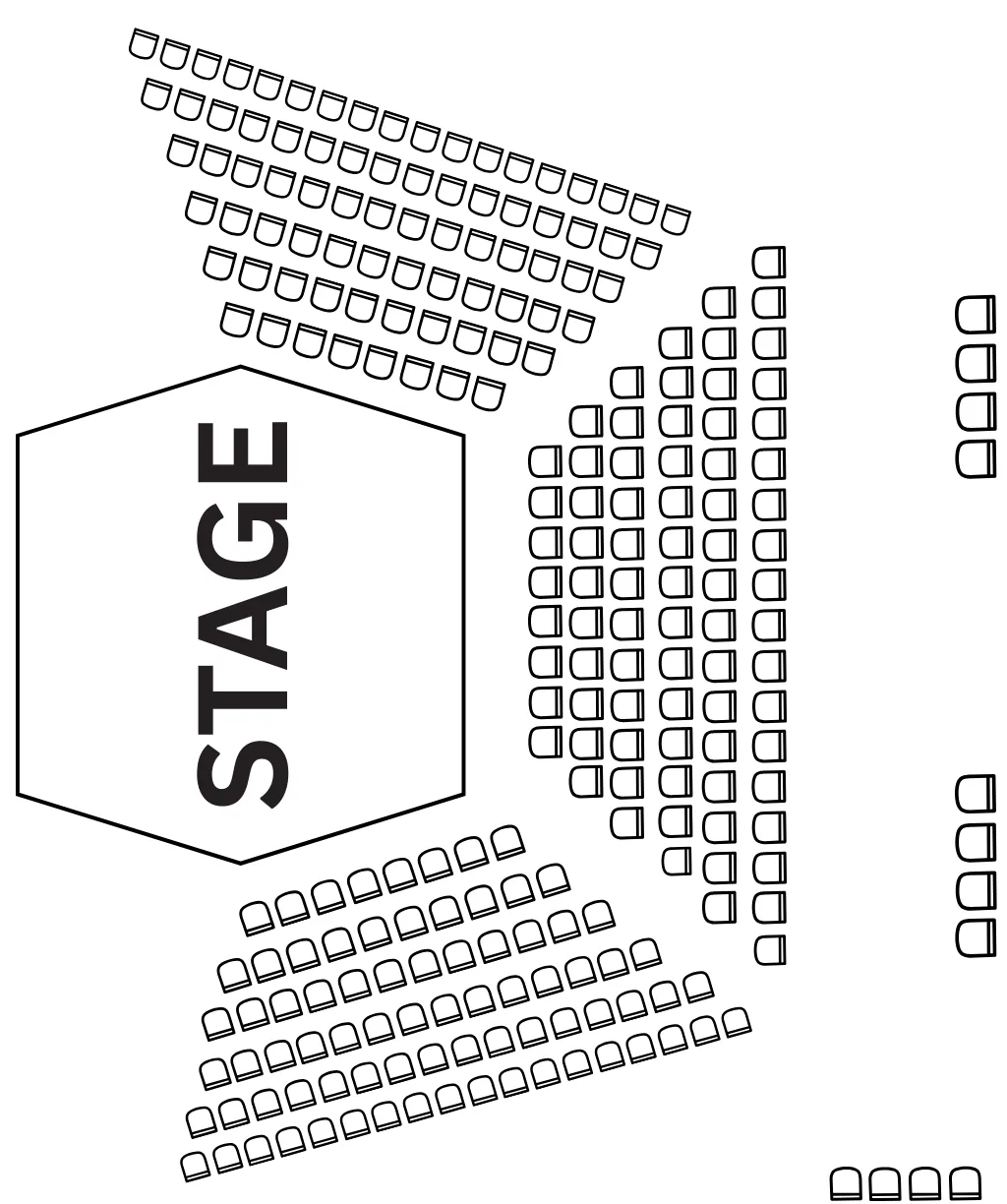 Simple seating chart of Sherman Hall with the stage at the center and audience sections arranged in angled rows around it