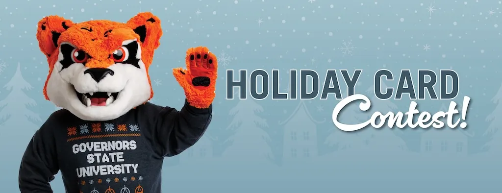 Jax in holiday sweater waves. Snowy background with 'Holiday Card Contest!' text.