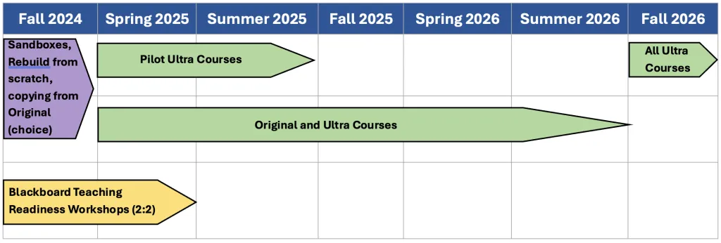 Gantt chart: project timeline Fall 2024-Fall 2026, showing course development, pilots, and workshops.