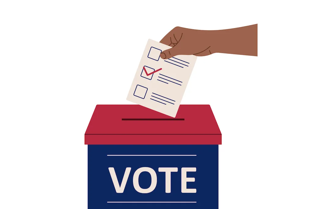 Graphic: Hand casts ballot into blue and red vote box.