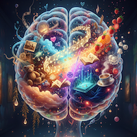 A colorful, glowing illustration of a brain filled with diverse objects like teddy bears, books, fruits, and sparkling lights.