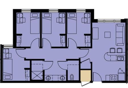 Graphic: Floor plan of a three-bedroom apartment with two bathrooms and open living area.