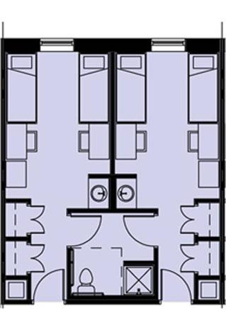 Floor plan of a dorm suite with two double bedrooms, a shared bathroom with two sinks.