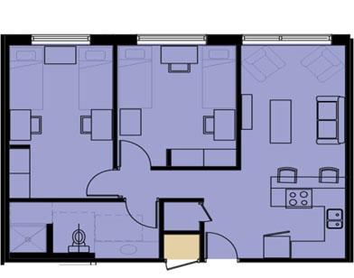 Graphic floor plan of an apartment. Two bedrooms, living room, kitchen, and bathroom with furniture.