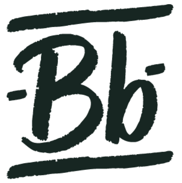 Graphic logo with stylized black 'Bb' and horizontal lines above and below.