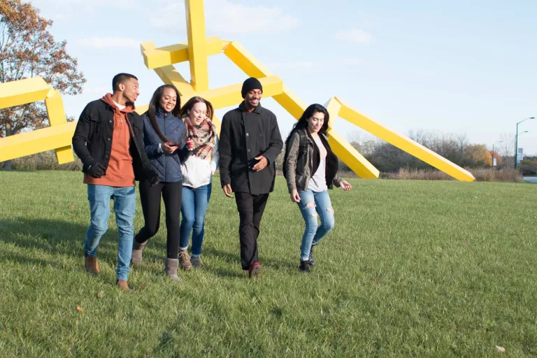 Mixed group walking outdoors
