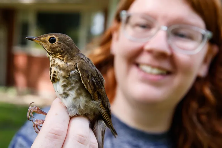 A person holding a bird