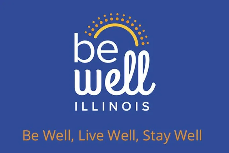 Image of be well Illinois emblem and words "be well, live well, stay well"