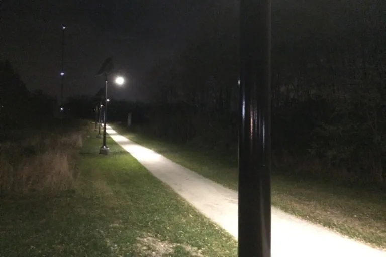 A picture of the Alumni Path new light poles, at night.