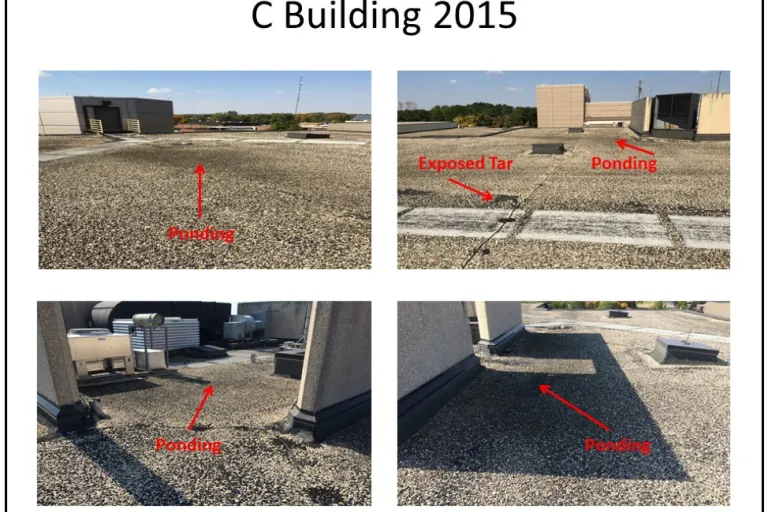 Water ponding on the roof of the "C" Wing of the main building.