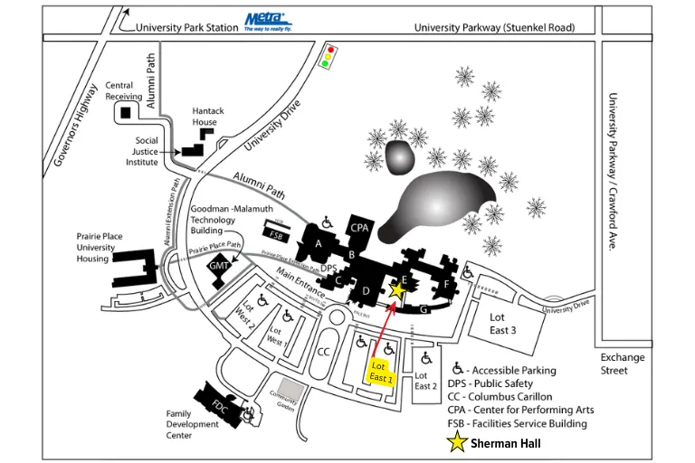 Campus map showing the location of Sherman Hall and nearby parking lots, walking paths, buildings, and roadways within the Governors State University campus.”