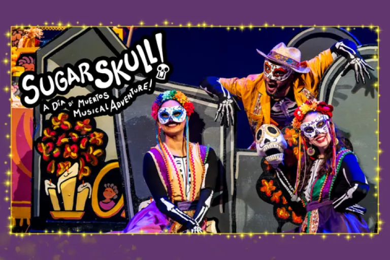 Sugar Skull Día de Muertos musical promotional graphic with colorful skeleton costumes and festive stage set