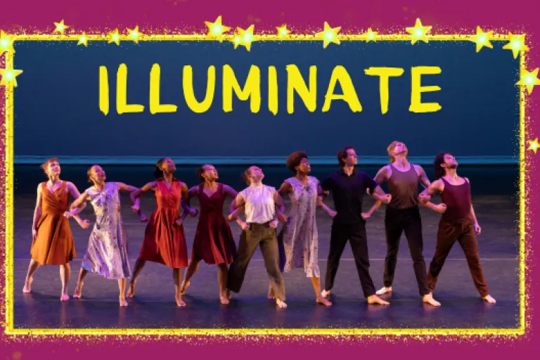 Dancers on a dark stage, framed by a bright, yellow star border. Text reads: ILLUMINATE