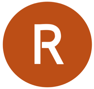 White letter R in an orange circle