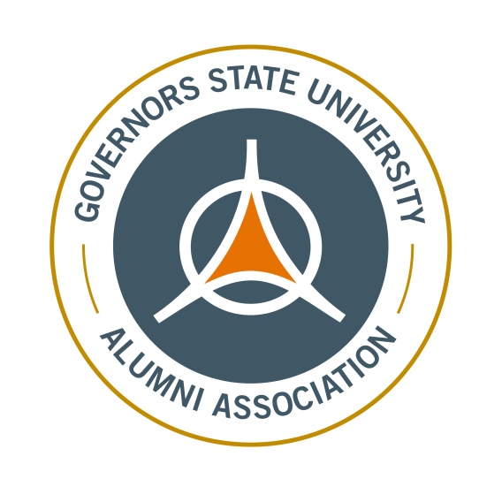 A circular logo with the text "Governors State University Alumni Association" surrounding a triangular graphic in orange and gray.
