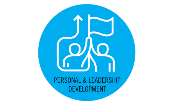 Graphic: Icon of two people with an upward arrow and flag. Text: Personal & Leadership Development.