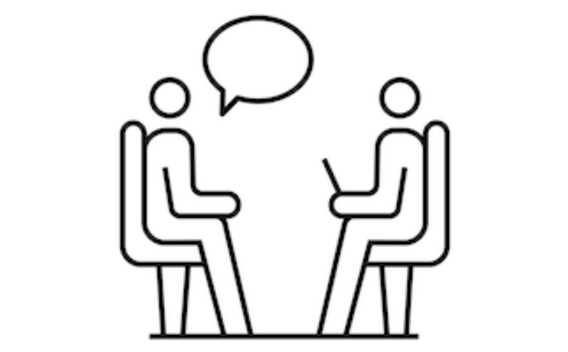 Graphic: Two stylized people sitting and conversing.