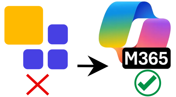 Old square logo with red X, new colorful M365 ribbon logo with green checkmark.