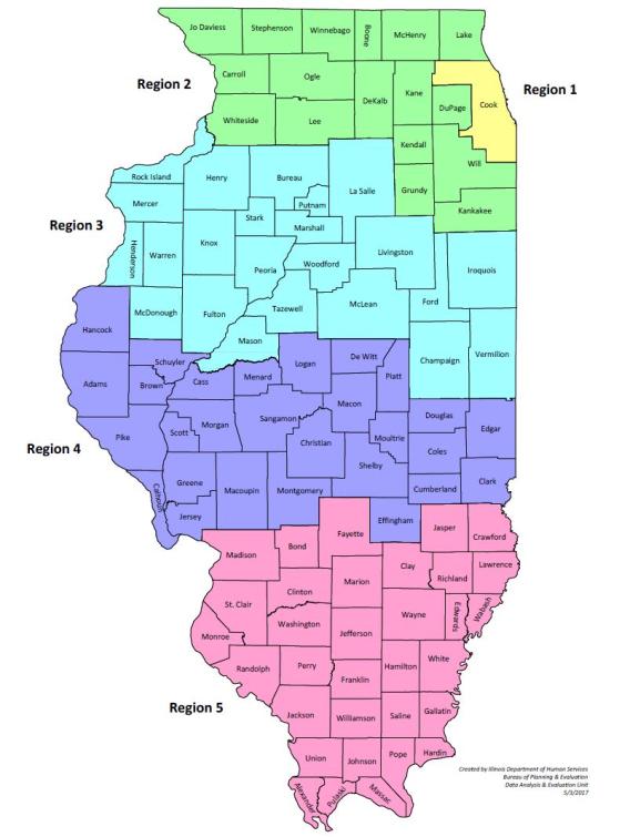 Map of Illinois divided into 5 colored regions with county labels.