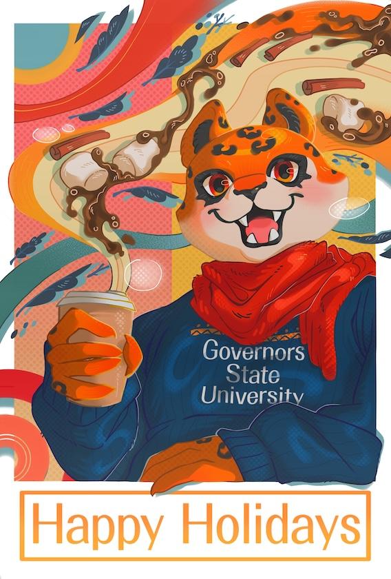 Cartoon jaguar mascot in a university sweater, holding a hot chocolate mug with marshmallows.