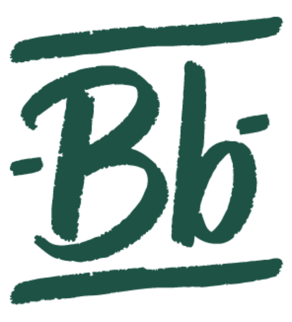 Stylized dark green "Bb" logo with horizontal lines above and below.