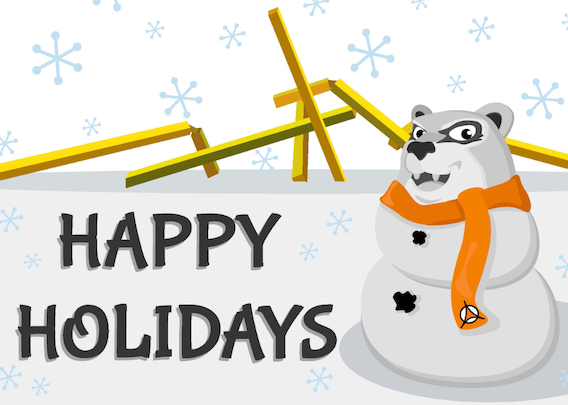 Cartoon jaguar snowman in orange scarf with "HAPPY HOLIDAYS" text and snowflakes.