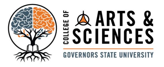 Logo: College of Arts & Sciences, Governors State University. Blue/orange brain, tree, book.