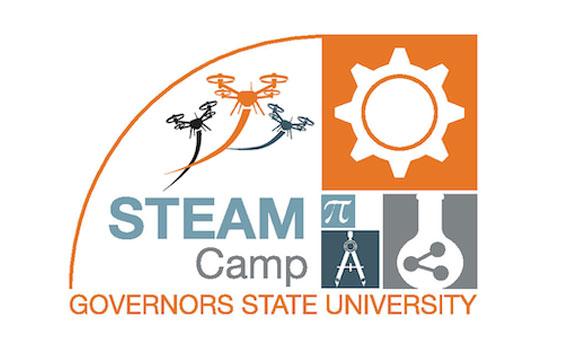 STEAM Camp Governors State University logo featuring science and tech icons.