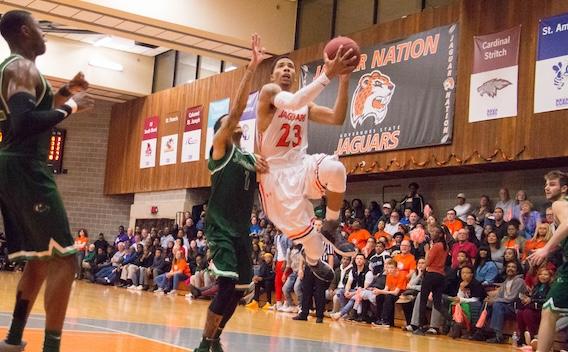 GovState basketball player jumps for a shot