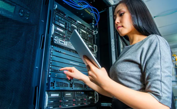 Woman checking server