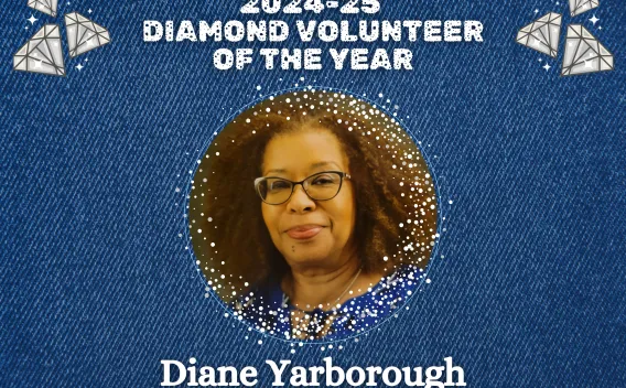 Graphic announcing the 2024–25 Diamond Volunteer of the Year, featuring a circular portrait of Diane Yarborough on a denim‑style background with diamond illustrations