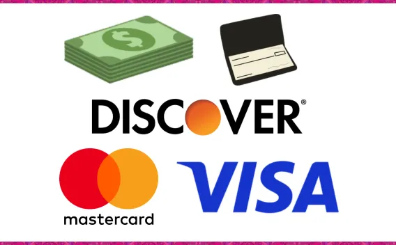 Cash Check Discover card logo Mastercard logo Visa card logo