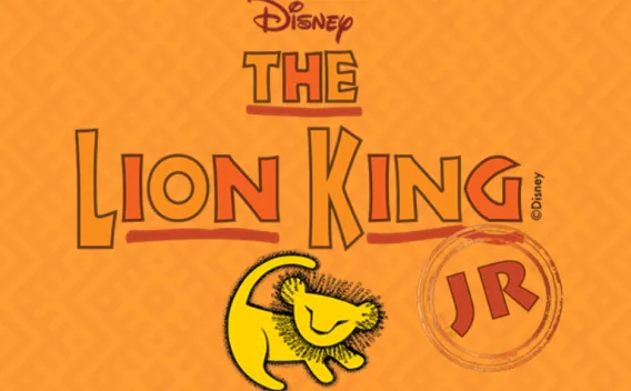 Disney’s The Lion King Jr. logo on an orange background with a stylized lion graphic and “JR” stamp.