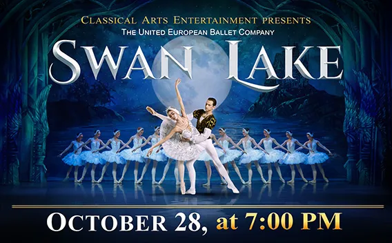 Swan Lake ballet poster with lead dancers and corps de ballet against a moonlit backdrop.