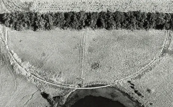 Grayscale aerial photo: semicircular field, bordered by dense trees and a dark body of water.