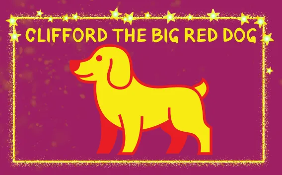 Clifford the Big Red Dog’ text with simple cartoon dog icon on magenta background