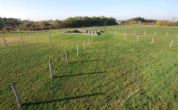 Grassy field with standing posts, leading to a distant circular stone structure.