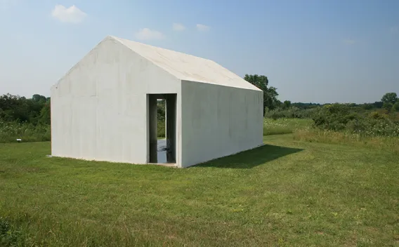 Minimalist white gabled building with dark doorway in a green field.