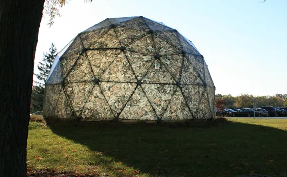 Geodesic dome with patterned panels on a sunny green lawn.