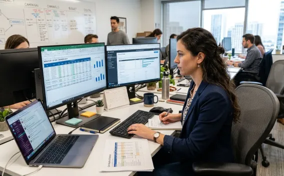 business woman working on computer with multiple screens
