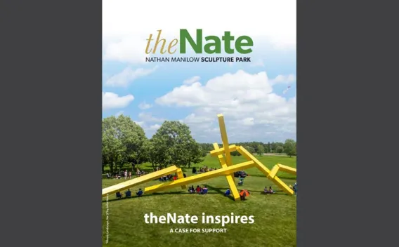 Graphic cover: Bright yellow abstract sculptures in a sunny park with people with the title theNate Inspires