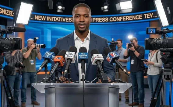 man speaks in front of microphones