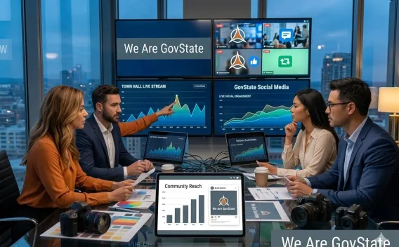 marketing staff at conference table looking at social media analytics