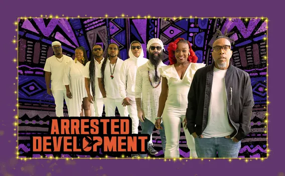 Arrested Development band group portrait with colorful patterned backdrop and bold event title text