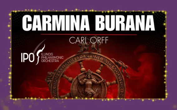 Carmina Burana by Carl Orff poster featuring the Illinois Philharmonic Orchestra and dramatic red artwork